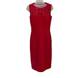 AKRIS Punto US 4 Sheath Dress Red Sleeveless Dot Applique Ponte